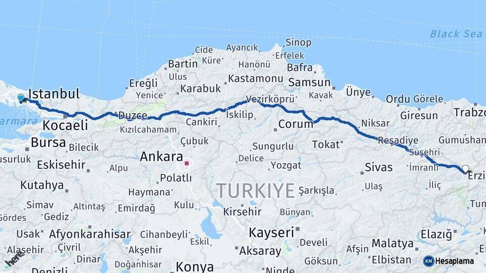 İstanbul Esenler Erzincan Arası Kaç Km - Yol Haritası