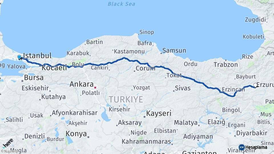 İstanbul Esenler Erzurum Arası Kaç Km - Yol Haritası