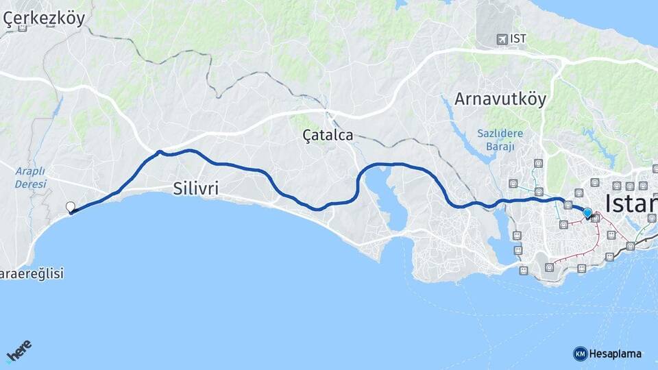 İstanbul Esenler Gümüşyaka Silivri Arası Kaç Km - Yol Haritası
