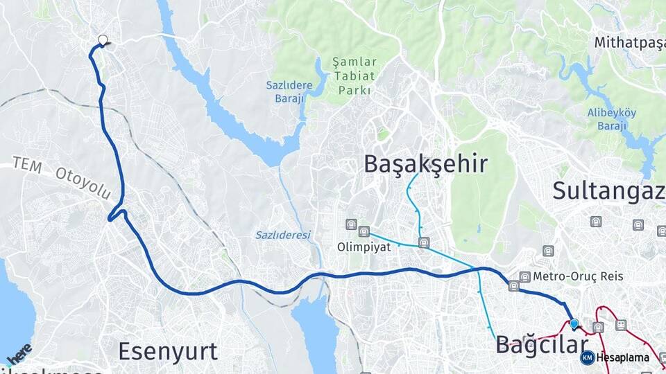 İstanbul Esenler Hadımköy Arnavutköy Arası Kaç Km - Yol Haritası