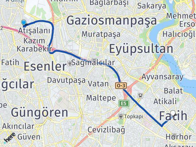 İstanbul Esenler Havaalanı Fatih Arası Kaç Km - Yol Haritası