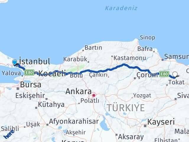 İstanbul Esenler Havaalanı Niksar Tokat Arası Kaç Km - Yol Haritası