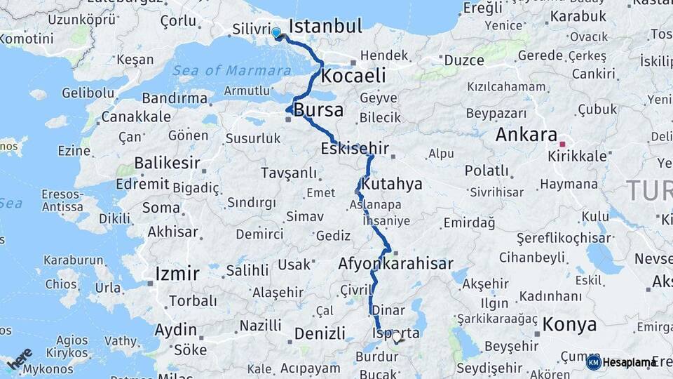 İstanbul Esenler Isparta Arası Kaç Km - Yol Haritası