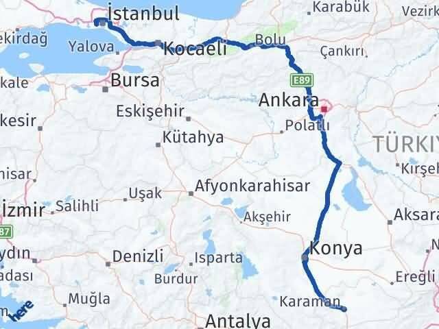 İstanbul Esenler Karaman Arası Kaç Km - Yol Haritası