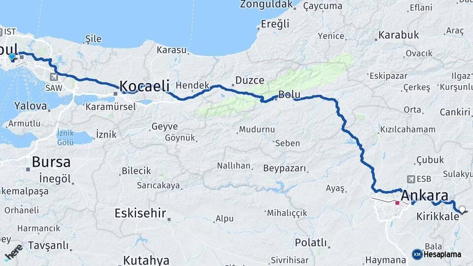 İstanbul Esenler Kırıkkale Arası Kaç Km - Yol Haritası