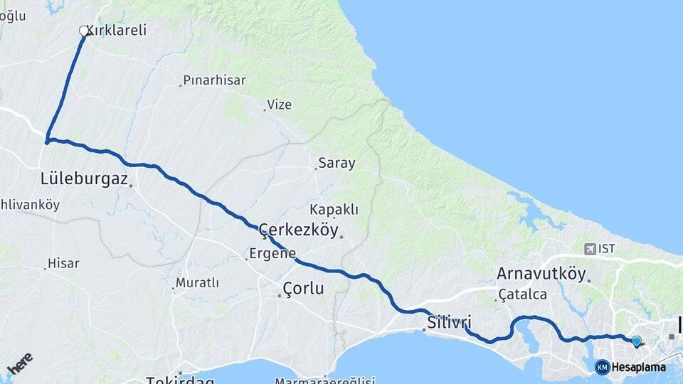 İstanbul Esenler Kırklareli Arası Kaç Km - Yol Haritası