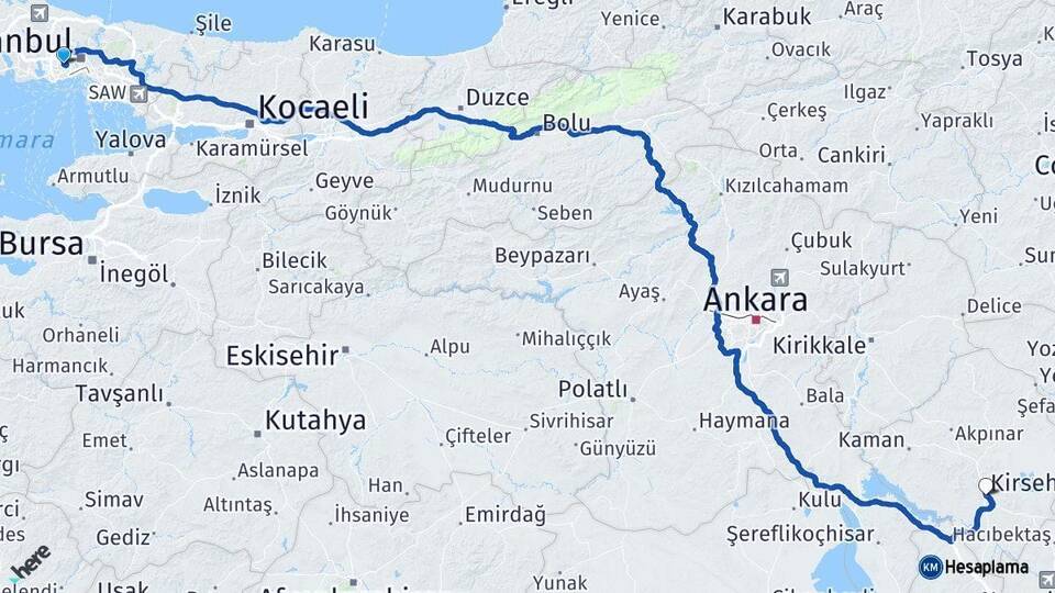 İstanbul Esenler Kırşehir Arası Kaç Km - Yol Haritası