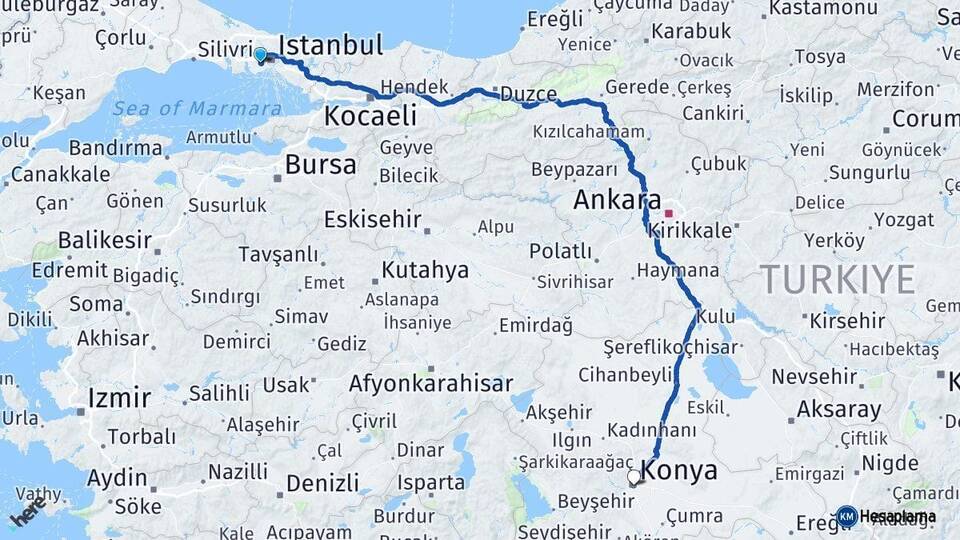 İstanbul Esenler Konya Arası Kaç Km - Yol Haritası