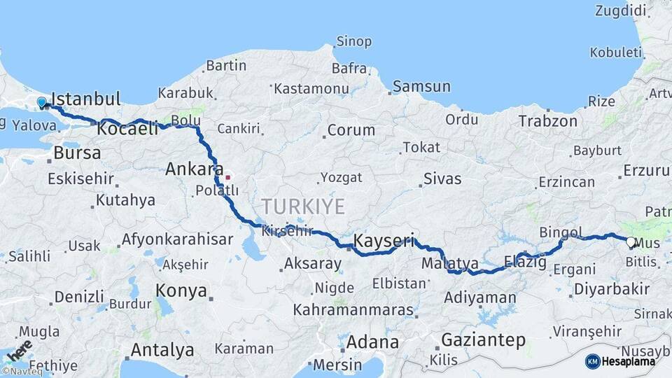 İstanbul Esenler Muş Arası Kaç Km - Yol Haritası