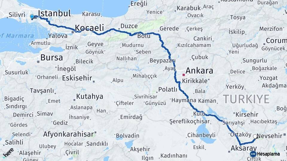 İstanbul Esenler Nevşehir Arası Kaç Km - Yol Haritası
