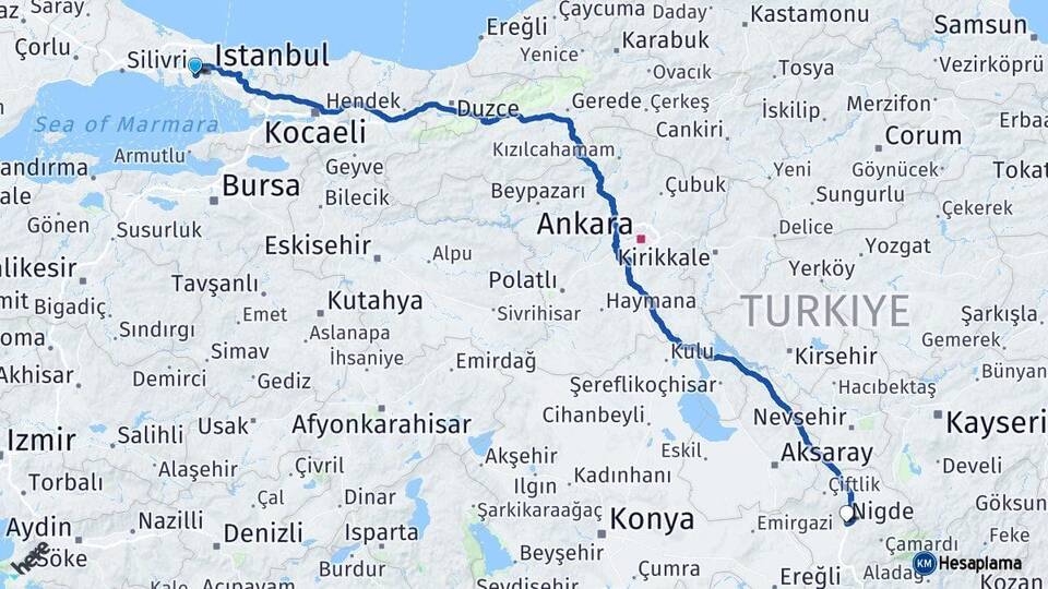 İstanbul Esenler Niğde Arası Kaç Km - Yol Haritası
