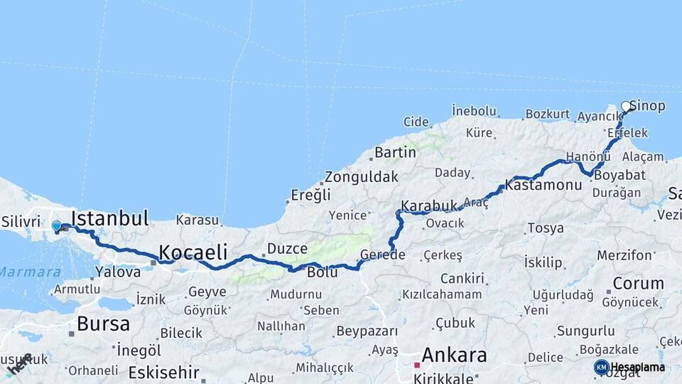 İstanbul Esenler Sinop Arası Kaç Km - Yol Haritası