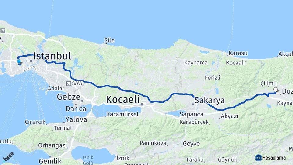 İstanbul Esenler Taşköprü Düzce Arası Kaç Km - Yol Haritası