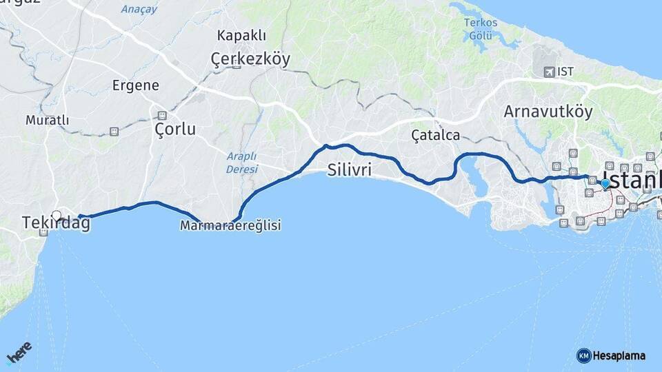 İstanbul Esenler Tekirdağ Arası Kaç Km - Yol Haritası