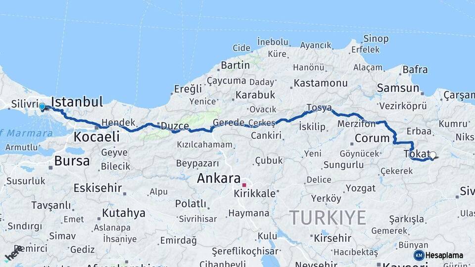İstanbul Esenler Tokat Arası Kaç Km - Yol Haritası