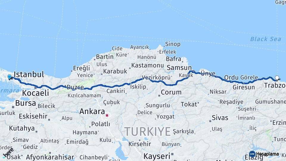 İstanbul Esenler Trabzon Arası Kaç Km - Yol Haritası
