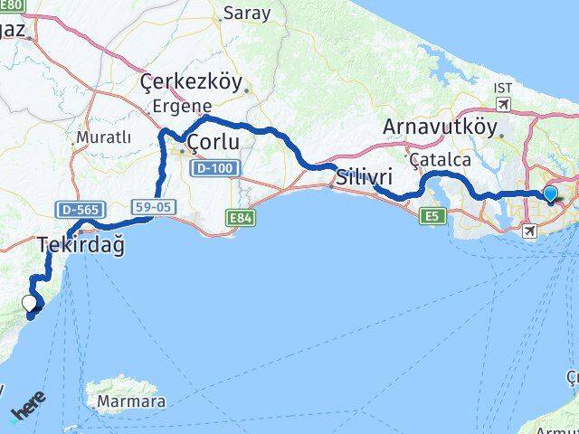 İstanbul Esenler Uçmakdere Şarköy Tekirdağ Arası Kaç Km - Yol Haritası
