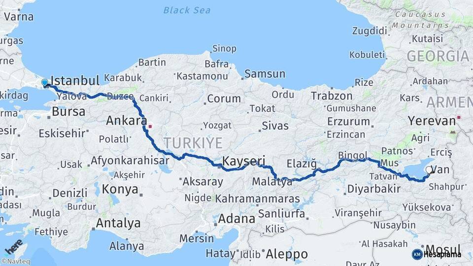 İstanbul Esenler Van Arası Kaç Km - Yol Haritası