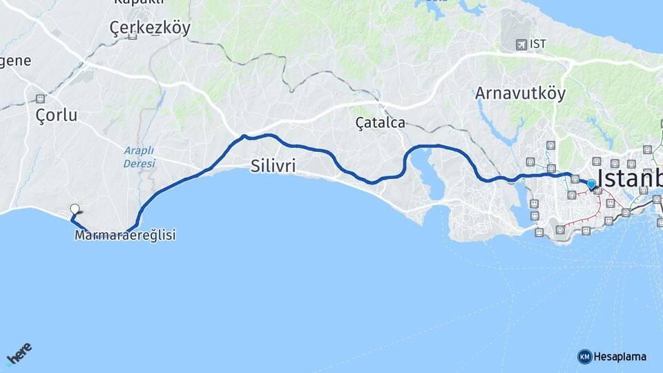 İstanbul Esenler Yeniçiftlik Marmaraereğlisi Tekirdağ Arası Kaç Km - Yol Haritası