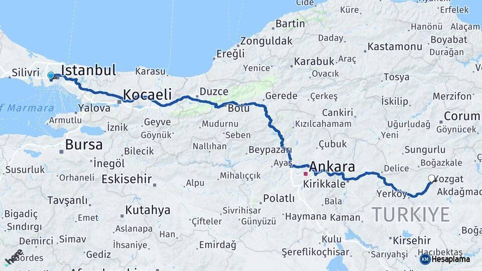 İstanbul Esenler Yozgat Arası Kaç Km - Yol Haritası