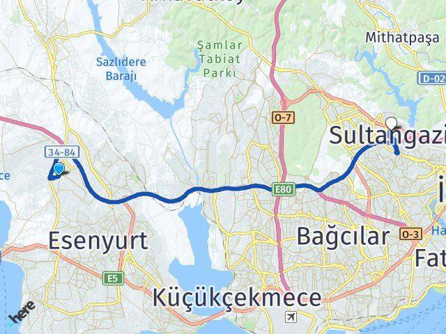 İstanbul Esenyurt Akçaburgaz Sultangazi Arası Kaç Km - Yol Haritası