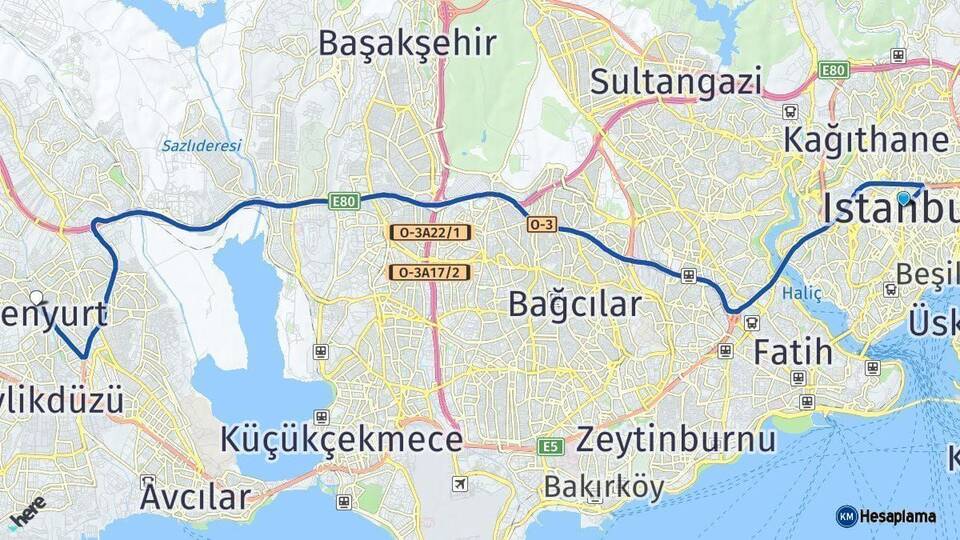 İstanbul Esenyurt Arası Kaç Km - Yol Haritası
