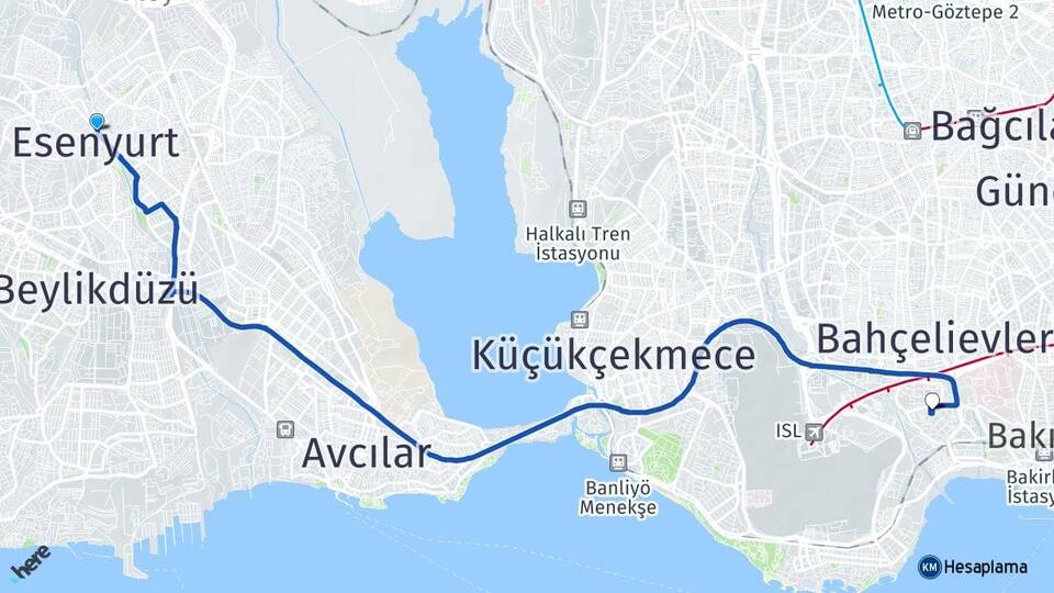 İstanbul Esenyurt Ataköy 7-8-9-10. Kısım Bakırköy Arası Kaç Km - Yol Haritası
