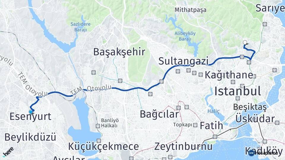 İstanbul Esenyurt Ayazağa Sarıyer Arası Kaç Km - Yol Haritası
