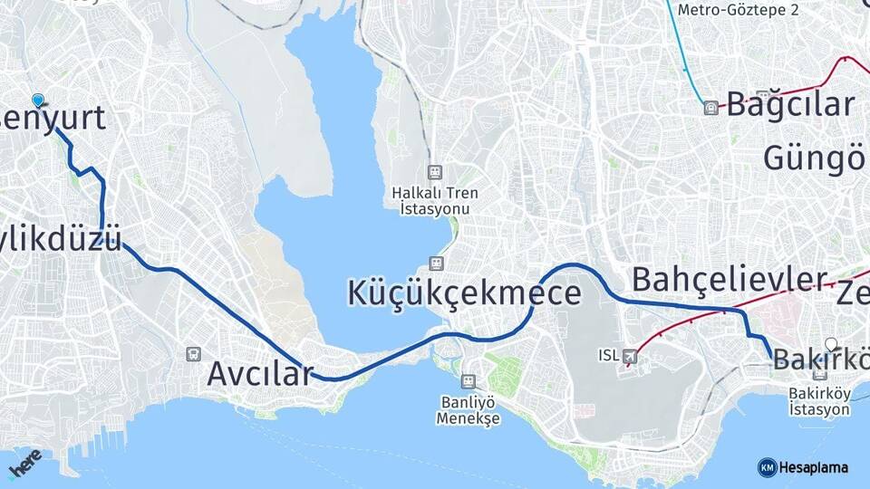 İstanbul Esenyurt Bakırköy Arası Kaç Km - Yol Haritası