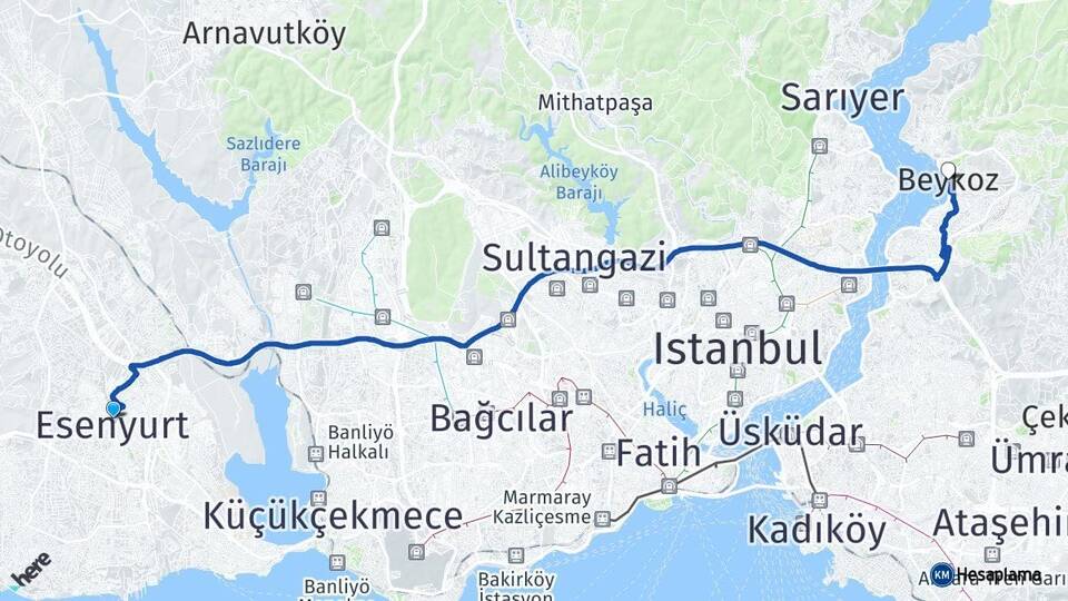 İstanbul Esenyurt Beykoz Arası Kaç Km - Yol Haritası