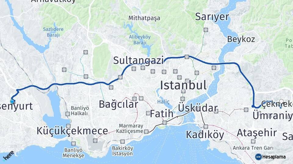 İstanbul Esenyurt Çekmeköy Arası Kaç Km - Yol Haritası