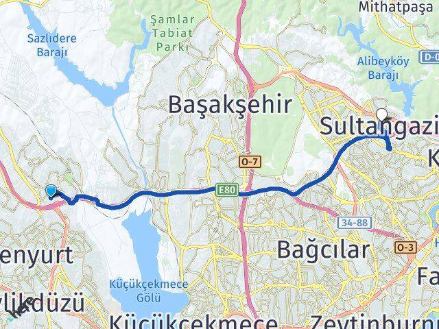 İstanbul Esenyurt Esenkent Sultangazi Arası Kaç Km - Yol Haritası