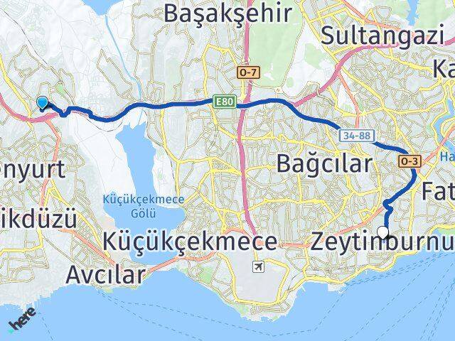 İstanbul Esenyurt Esenkent Zeytinburnu Arası Kaç Km - Yol Haritası