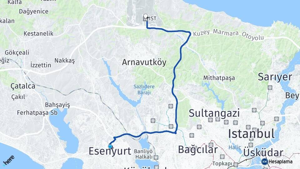 İstanbul Esenyurt İstanbul Havalimanı Arası Kaç Km - Yol Haritası