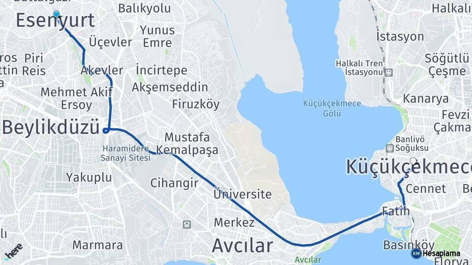 İstanbul Esenyurt Küçükçekmece Arası Kaç Km - Yol Haritası