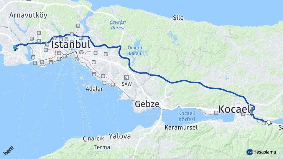 İstanbul Esenyurt Maşukiye Kartepe Kocaeli Arası Kaç Km - Yol Haritası