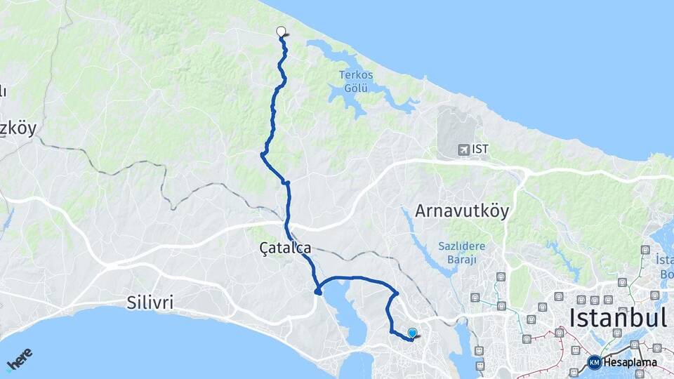 İstanbul Esenyurt Ormanlı Çatalca Arası Kaç Km - Yol Haritası