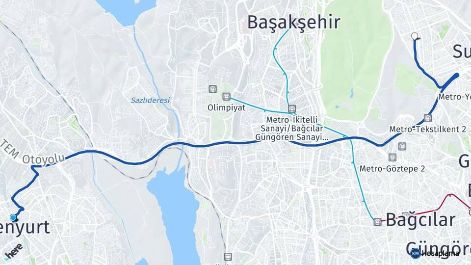 İstanbul Esenyurt Sultançiftliği Sultangazi Arası Kaç Km - Yol Haritası
