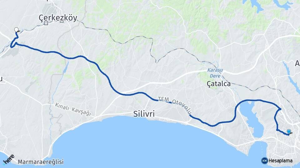 İstanbul Esenyurt Velimeşe Ergene Tekirdağ Arası Kaç Km - Yol Haritası