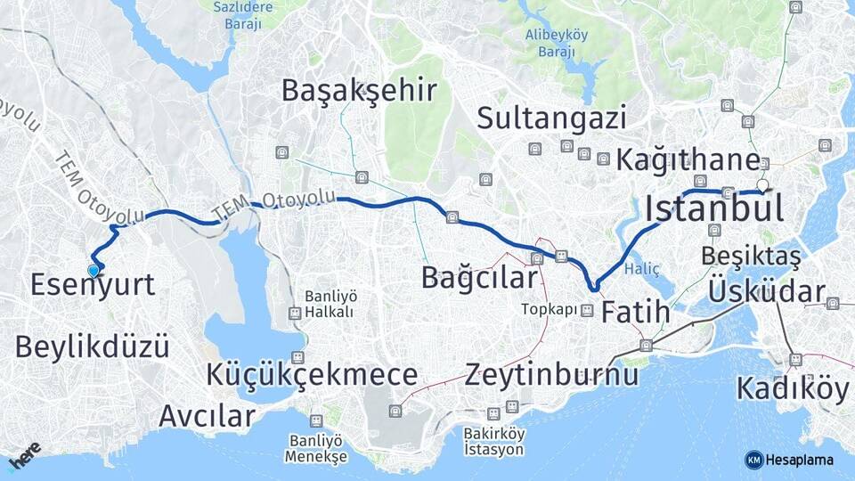 İstanbul Esenyurt Zincirlikuyu Şişli Arası Kaç Km - Yol Haritası