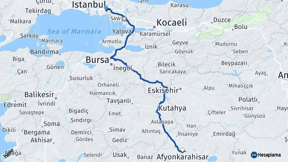 İstanbul Eyüpsultan Afyonkarahisar Arası Kaç Km - Yol Haritası