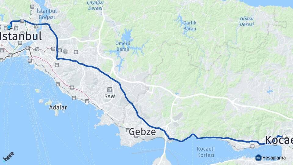 İstanbul Eyüpsultan Alibeyköy Kocaeli Arası Kaç Km - Yol Haritası