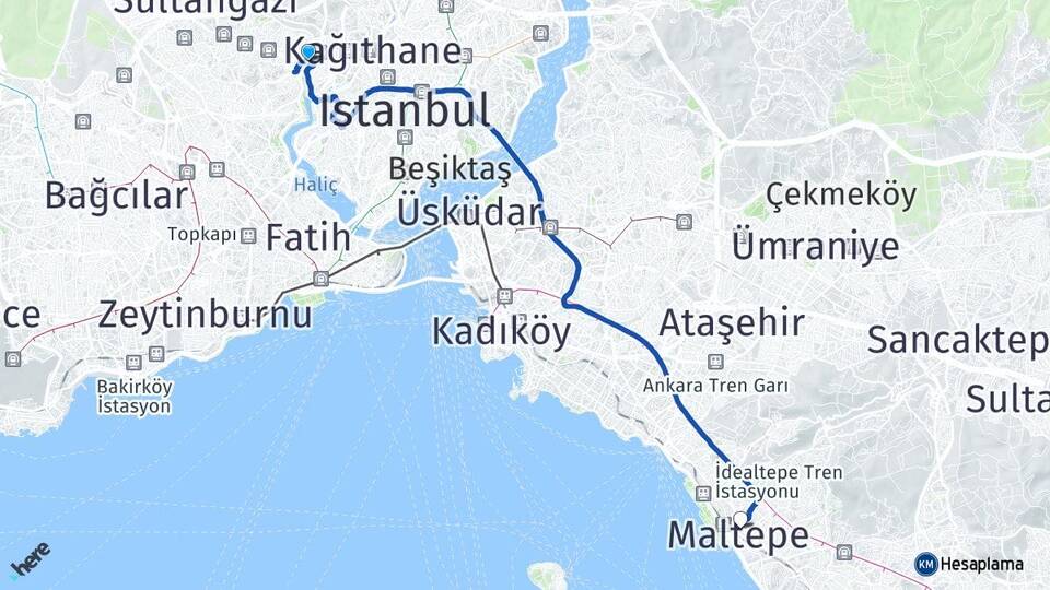 İstanbul Eyüpsultan Alibeyköy Maltepe Arası Kaç Km - Yol Haritası