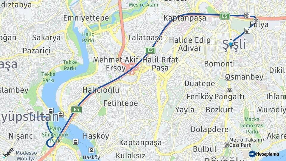 İstanbul Eyüpsultan Arası Kaç Km - Yol Haritası