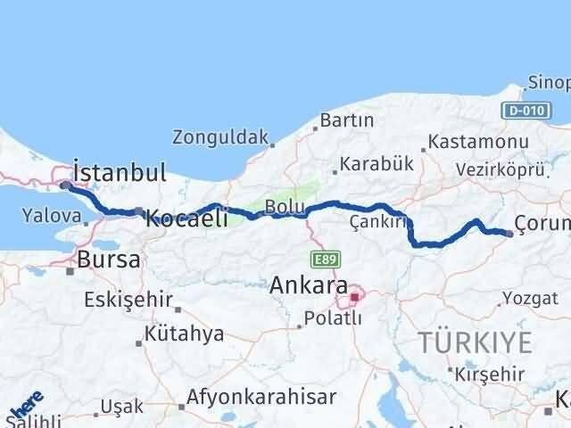İstanbul Eyüpsultan Çorum Arası Kaç Km - Yol Haritası