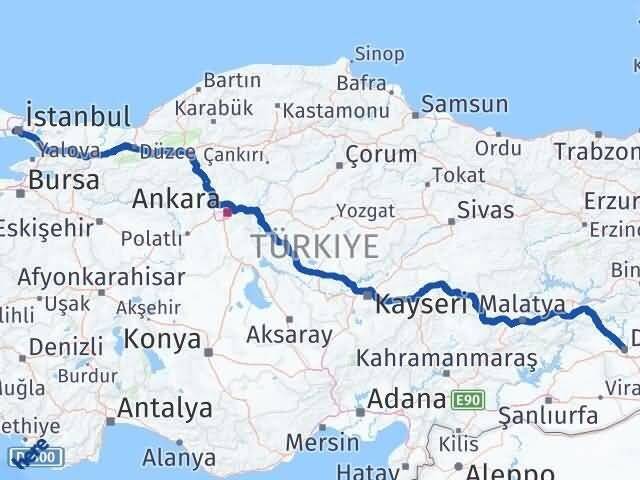 İstanbul Eyüpsultan Diyarbakır Arası Kaç Km - Yol Haritası