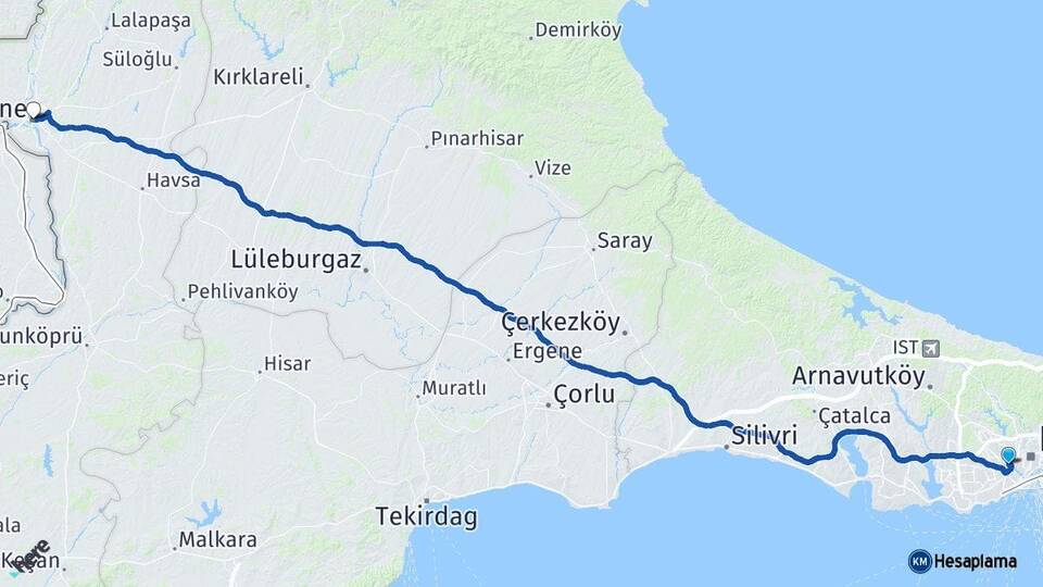 İstanbul Eyüpsultan Edirne Arası Kaç Km - Yol Haritası