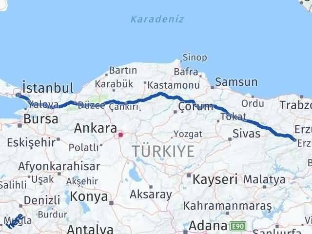 İstanbul Eyüpsultan Erzincan Arası Kaç Km - Yol Haritası