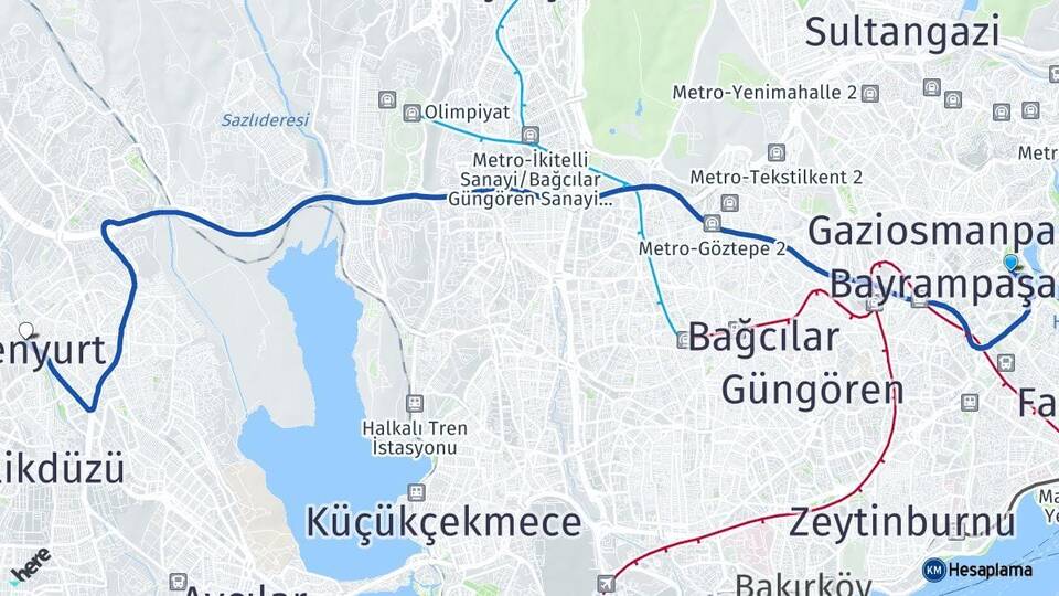 İstanbul Eyüpsultan Esenyurt Arası Kaç Km - Yol Haritası
