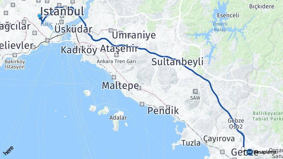 İstanbul Eyüpsultan Gebze Kocaeli Arası Kaç Km - Yol Haritası